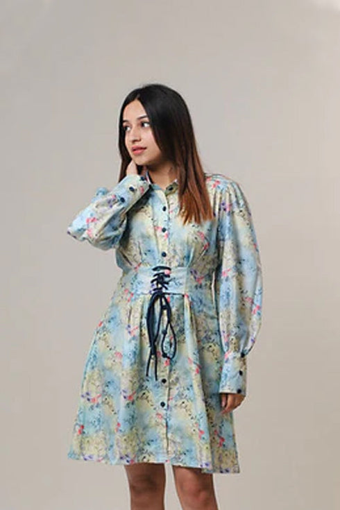 Lily Print Shirt Dress With Front Tie Up